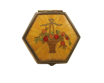 Vintage Houbigant Flower Basket Hexagon Mirrored Powder Compact 1920's