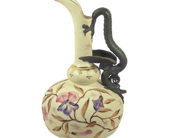 Vintage Carlsbad Porcelain Ewer Winged Dragon Handle Crackle Glaze