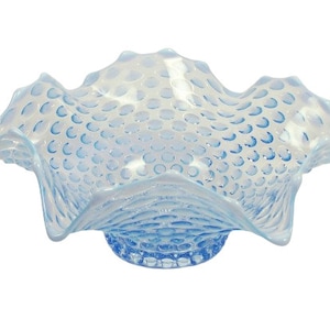 Vintage Duncan & Miller Blue Glass Opalescent Hobnail Crimped Bowl 10 1/2&quot;