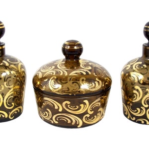Vintage Vanity Set Glass Powder Jar Perfume Bottles 3 Piece Gold Decorated