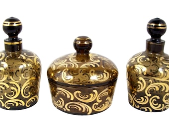 Vintage Vanity Set Glass Powder Jar Perfume Bottles 3 Piece Gold Decorated