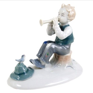 Vintage Metzler & Ortloff Figurine Little Boy Playing Horn Bird Perched on Hat