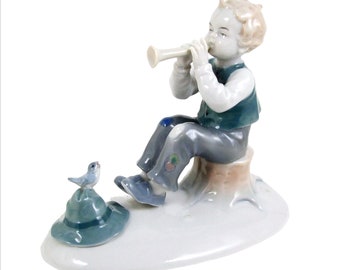 Vintage Metzler & Ortloff Figurine Little Boy Playing Horn Bird Perched on Hat