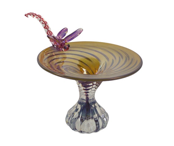 Vintage Iridescent Art Glass Pedestal Trinket Dis… - image 2