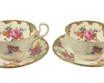 Vintage Aynsley Bone China Tea Cup Pair Green Wilton Floral Interior Footed 1934-1950s