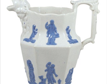 Antique Staffordshire Porcelain Pitcher Blue on White with Lion Head Spout