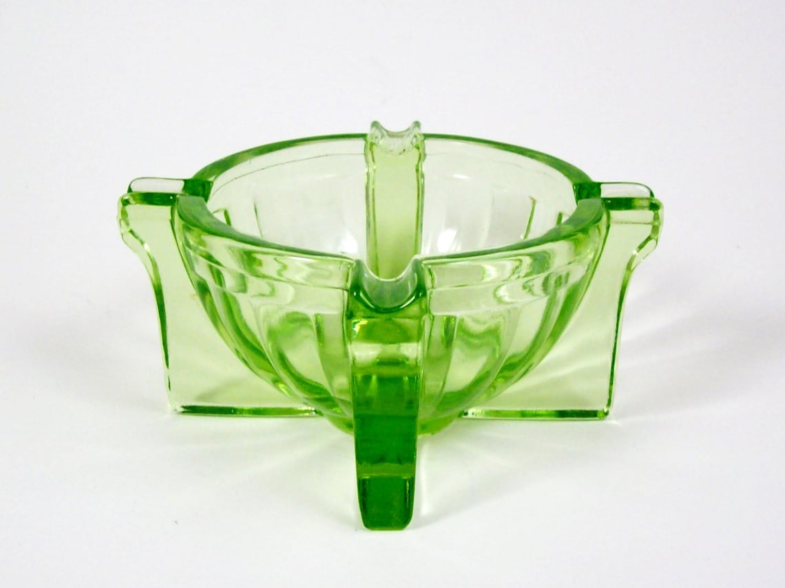 Vintage Uranium Glass Ashtray Art Deco Design Green Depression Etsy