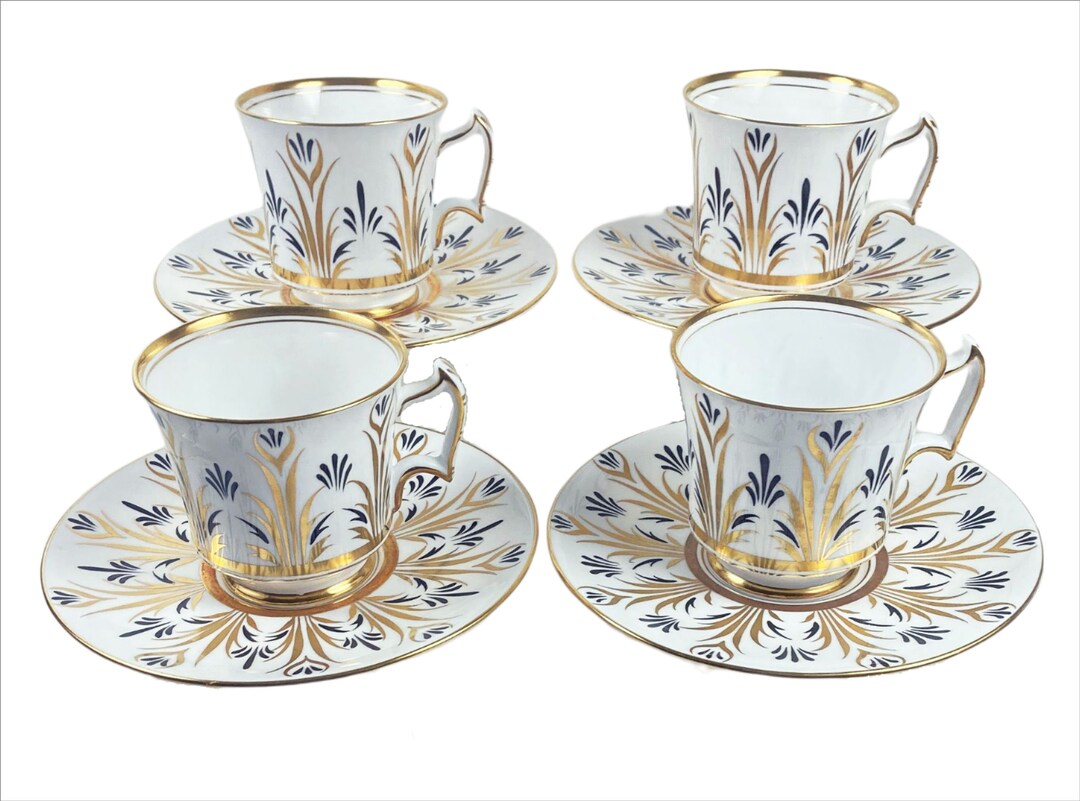 Vintage Royal Chelsea Bone China Tea Cup Set of 4 Black & Gold Feathers