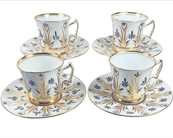 Vintage Royal Chelsea Bone China Tea Cup Set of 4 Black & Gold Feathers Footed Bone China