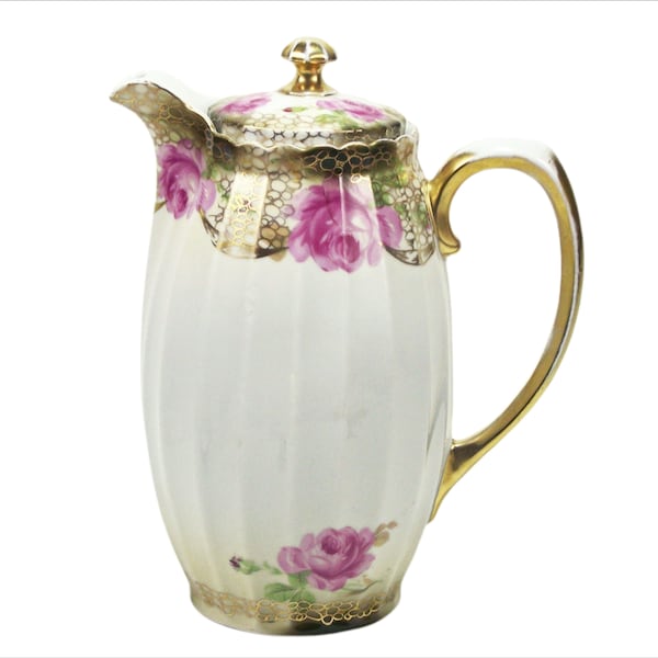 Vintage Porcelana Chocolate Pot Rosa Rosa Rosas Oro Decoración 40 Oz 8 1/2"