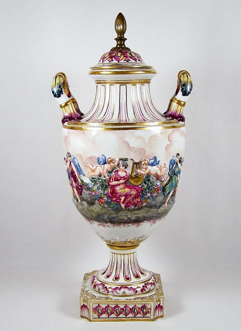 Painted Vases with Metal Handles Blue Fuschia Decorative Urn