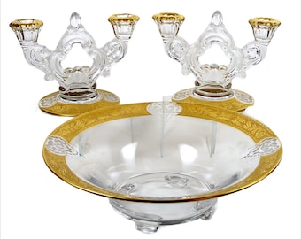 Vintage Cambridge Elegant Glass Console Set Centerpiece Bowl w/ Candle Holders