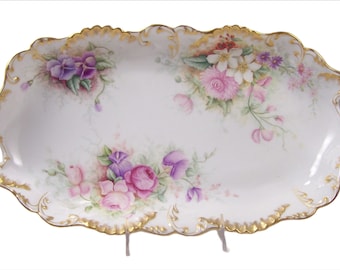 Antique Limoges Hand Painted Oblong Centerpiece Bowl Tray Roses Pansies Floral