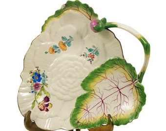 Vintage Mottahedeh Hand Painted Majolica Leaf Candy Dish Tobacco Leaf Accent