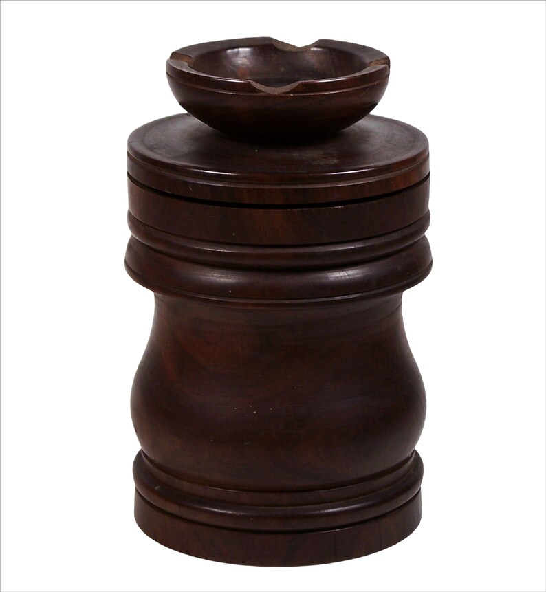 Vintage Wooden Tobacco Jar Turned Wood w/ Pipe Rest Ashtray Fitted Lid image 1