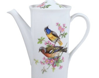 Mottahedeh Coffee Teapot Multi Color Birds on Floral Branches 36 ounces