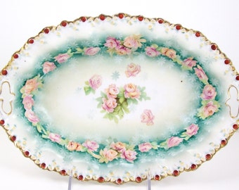 Vintage Decorative Porcelain Bowl 12" x 8" Centerpiece Pink Roses Scalloped Rim