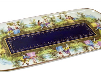 Vintage Porcelain Vanity Tray Hand Painted Courting Scenes Double Handle 15 x 7