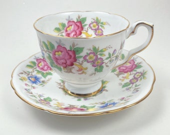 Vintage Royal Stafford Bone China Tea Cup Rochester Pattern Pink & Blue Flowers