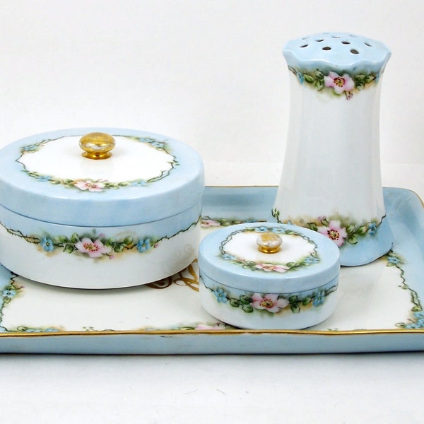 Limoges Porzellan Kommode Set handbemalt montierten Eitelkeit Fach Pulver Jar