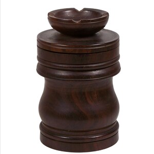 Vintage Wooden Tobacco Jar Turned Wood w/ Pipe Rest Ashtray Fitted Lid image 2