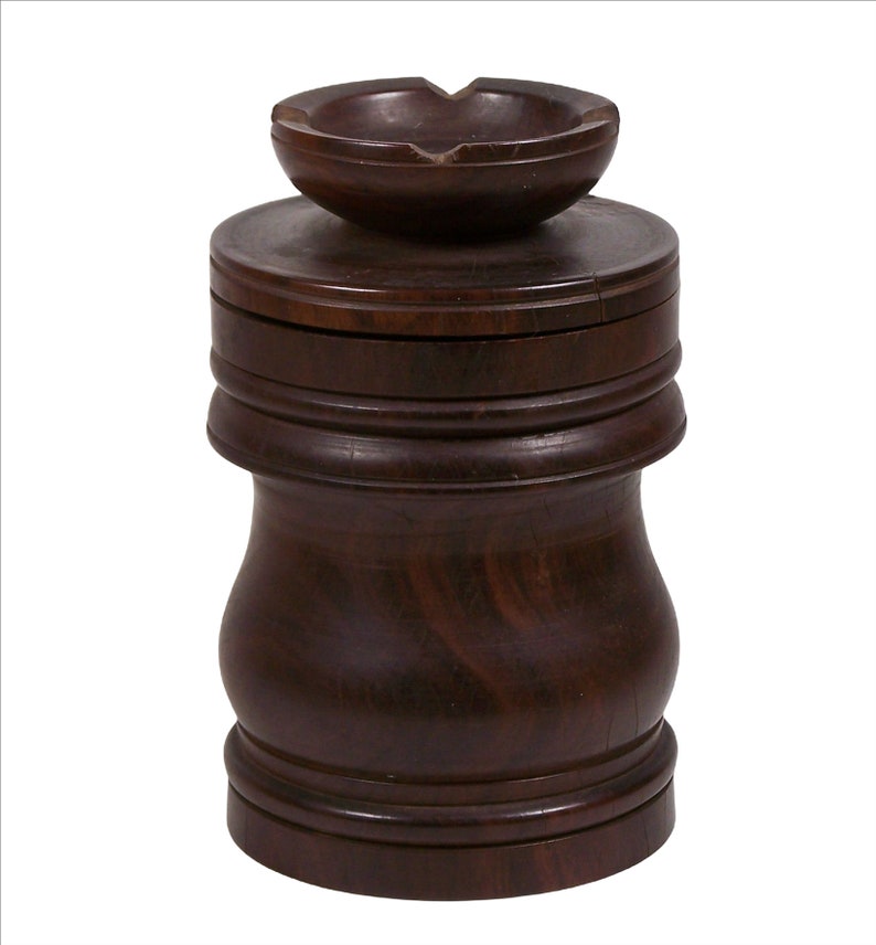 Vintage Wooden Tobacco Jar Turned Wood w/ Pipe Rest Ashtray Fitted Lid image 2