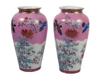 Vintage Peint à la Main Asiatique Paire Oiseaux et Fleurs 7 » Set de 2