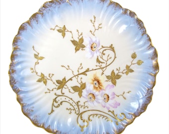 Antique Limoges Charger Plate Hand Painted Flowers w/ Gilt Enamel Wall Plaque