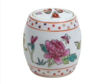 Vintage Chinese Porcelain Jar w/ Lid Flowers Insects 2 3/8" Miniature 1975-2000