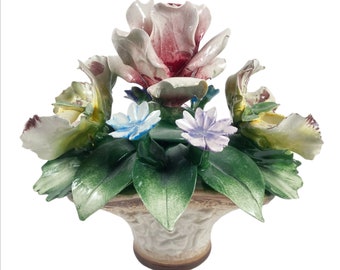 Vintage Capodimonte Italian Majolica Flower Arrangement in Pot Rose & Iris