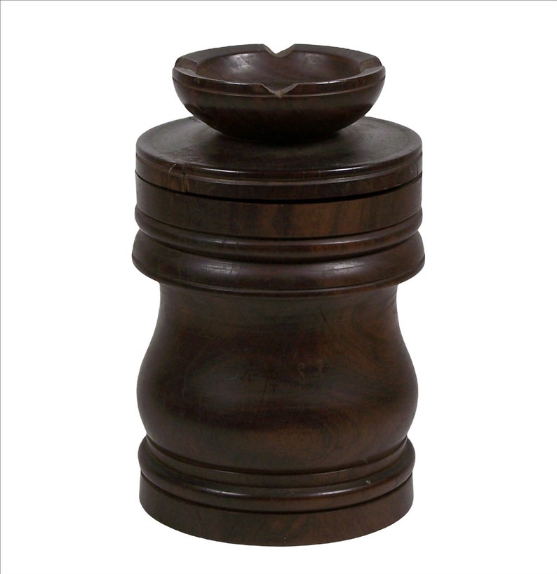 Vintage Wooden Tobacco Jar Turned Wood w/ Pipe Rest Ashtray Fitted Lid image 4