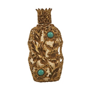 Vintage Ormolu Mini Czech Glass Perfume Bottle Faux Turquoise