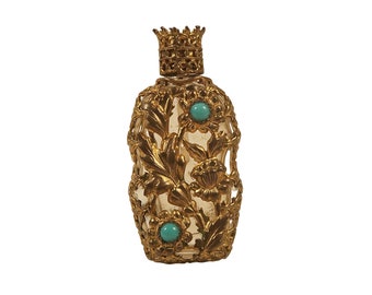 Vintage Ormolu Mini Czech Glass Perfume Bottle Faux Turquoise