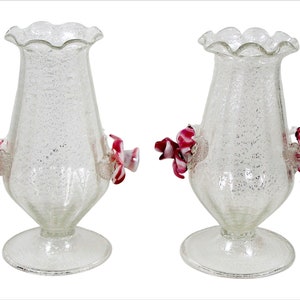 Vintage Glass Vase Pair w/ Mica Flake Slag Glass Rose Handles
