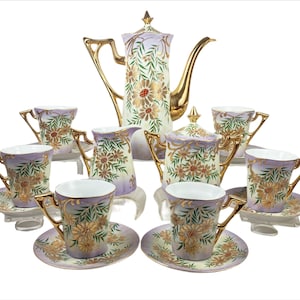 Vintage Tea Pot Set Porcelain Espresso Set Floral Heavy Gold Decoration 6 Cups