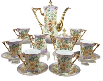 Vintage Tea Pot Set Porcelain Espresso Set Floral Heavy Gold Decoration 6 Cups