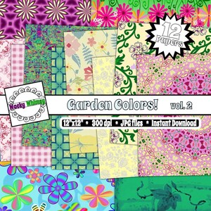Papier cyfrowy - „Garden Colors”, VOL. 2 - Some CU OK, Kwiaty, Geometria, Paski, Kratka, Wzory, Natychmiastowe pobranie