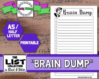 Brain Dump Planner Insert | A5/Half Letter | Black/White | Printable | Lined w/Checklist | Carpe Diem, Filofax, Kikki K, Arc, Bullet Journal
