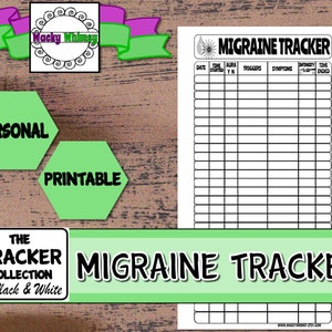 May include: A black and white printable migraine tracker with columns for date, time started, aura, triggers, symptoms, intensity, and time ended. The tracker is labeled "Migraine Tracker" in bold black text.