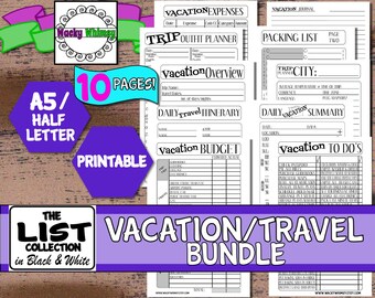 Vacation Travel Bundle Planner Inserts | 10 Pages | Black & White | Printable | A5/Half Letter | Carpe Diem, Filofax, Kikki K, Color Crush