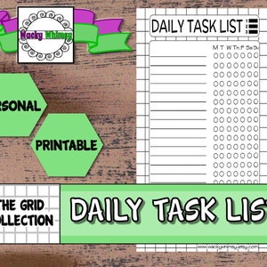 Puede incluir: Lista de tareas diarias imprimible con un diseño de cuadrícula verde y blanco. El texto "DAILY TASK LIST" está escrito en letras verdes grandes en la parte superior de la página. El texto "THE GRID COLLECTION" está escrito en letras negras en la parte inferior de la página.