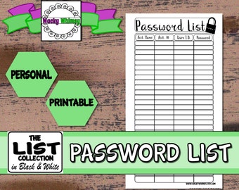 Password List Planner Insert | Black & White | Printable | Personal Size | User ID Tracker | Color Crush, Filofax, Kikki K, Bujo, Daytimer