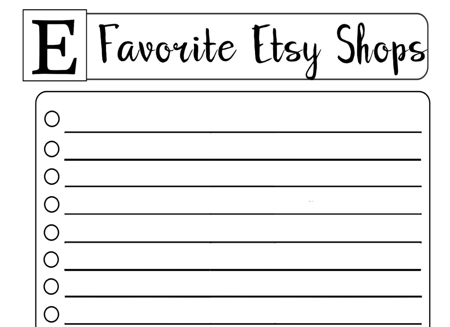 My Favorite Etsy Shops List Planner Insert Black/white Script Printable