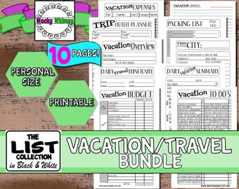 Vacation Travel Bundle Planner Inserts | 10 Pages | Black & White | Printable | Personal |  Foxy Rings, Filofax, Day Timer, Franklin Covey