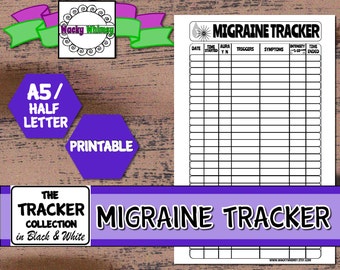 Migraine Tracker Planner Insert | Black & White | Printable | A5/Half Letter | Headache Diary, Log