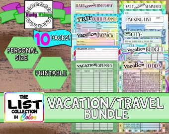 Vacation Travel Bundle Planner Inserts | 10 Pages | Fun Colors | Printable | Personal |  Foxy Rings, Filofax, Day Timer, Franklin Covey