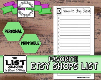 My Favorite Etsy Shops List Planner Insert | Black/White Script | Printable | Personal Size | Color Crush, Filofax, Recollections, Bujo