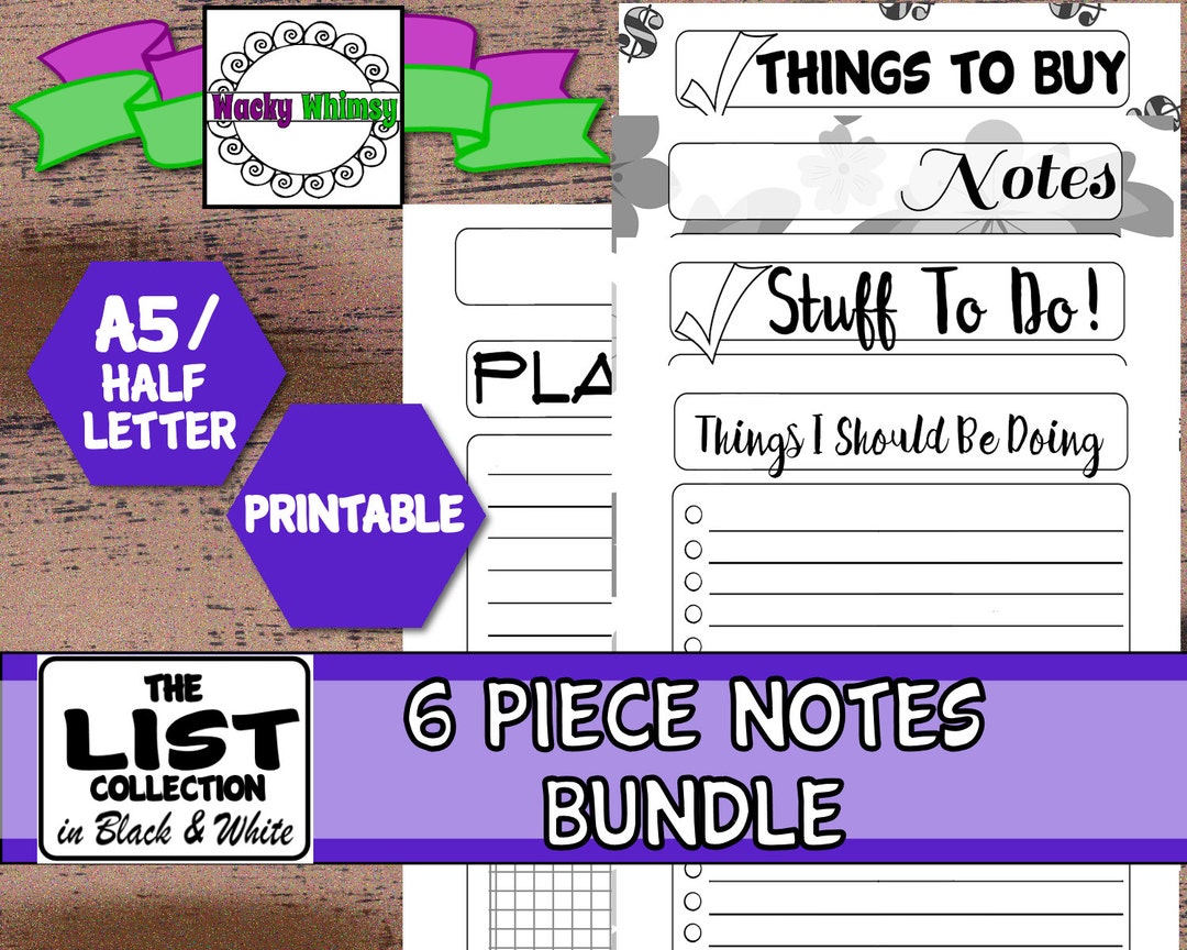 Notes Bundle Planner Inserts | Six Pages | Black & White | Printable ...