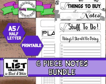 Notes Bundle Planner Inserts | Six Pages | Black & White | Printable | A5/Half Letter | Carpe Diem, Filofax, Kikki K, Arc, Color Crush