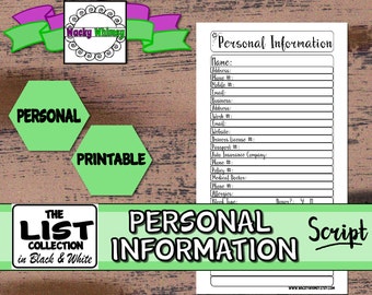 Personal Information List | Planner Insert | Black & White Script | Printable | Personal | Recollections, Filofax, Day Timer, Heidi Swapp